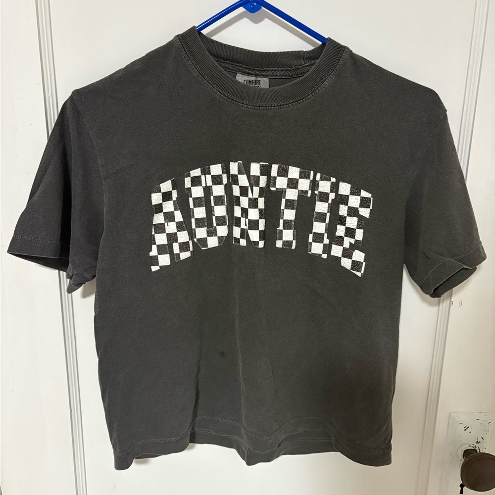 Gray Checkered Puff 'AUNTIE' T-Shirt